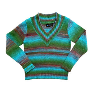 Vintage Y2K Relativity Rainbow Striped V-Neck Sweater Size Small